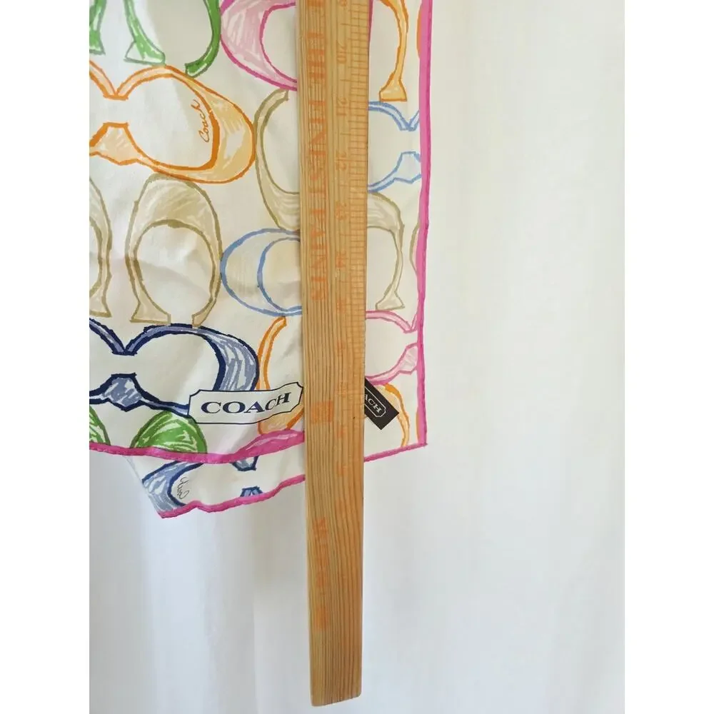 COACH Scarf Signature Rainbow Silk Satin Scarf 58 x 10 Pink Blue White Vtg 90's
